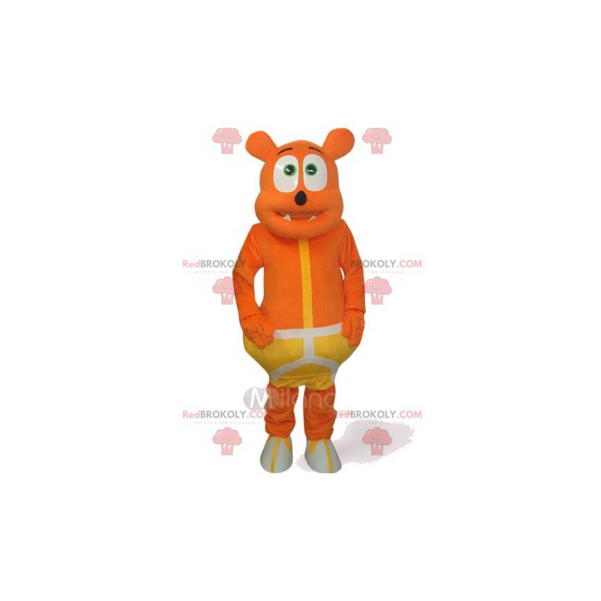 Mascote engraçado urso laranja com uma fantasia amarela -
