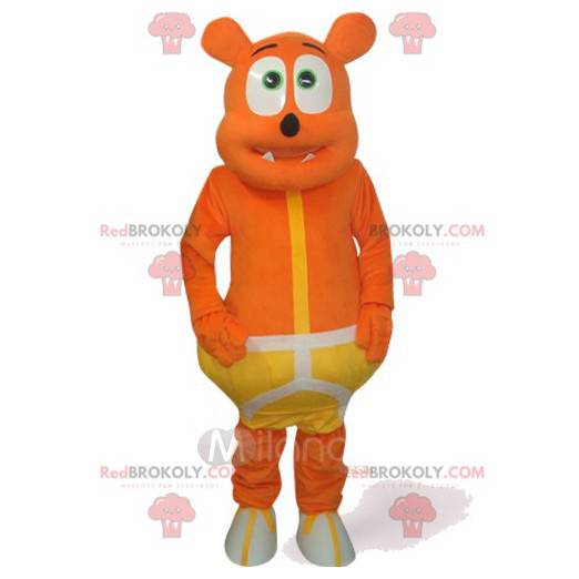 Mascote engraçado urso laranja com uma fantasia amarela -