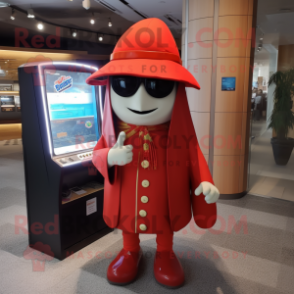 Red Ray mascot costume character dressed with a Cardigan and Berets