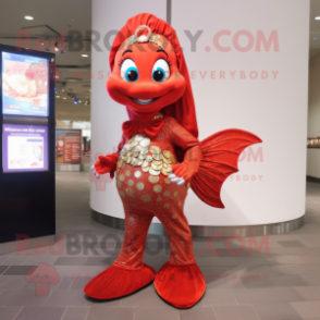 Red Mermaid mascot costume character dressed with a Suit Pants and Coin purses