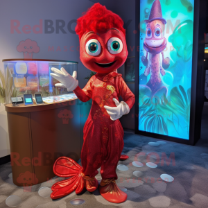 Red Mermaid mascot costume character dressed with a Suit Pants and Coin purses