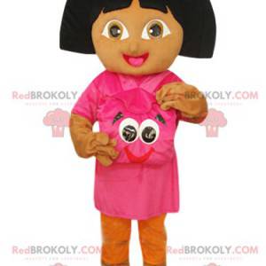 Mascotte de Dora l'exploratrice avec son sac à dos fushia -