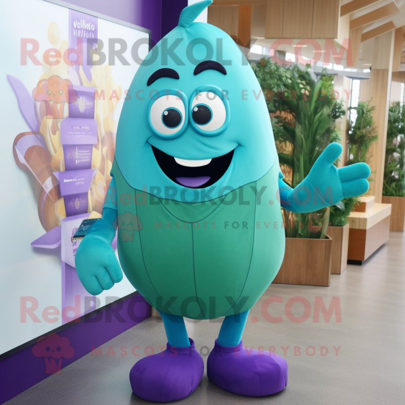 Turquoise Eggplant mascot costume character dressed with a Shorts and Brooches Turquoise Eggplant mascot costume character dressed with a Shorts and Brooches