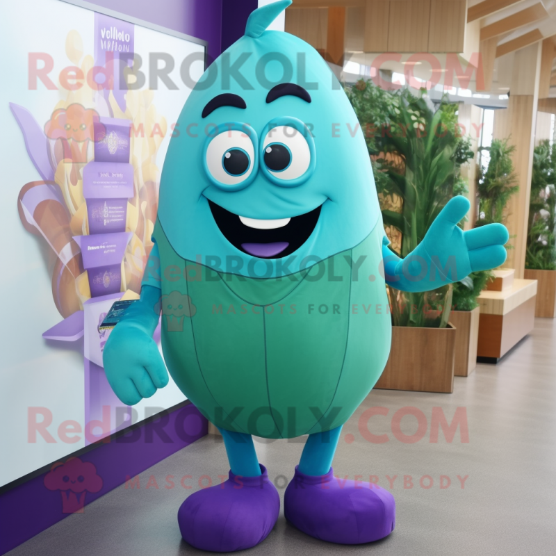 Turquoise Eggplant mascot costume character dressed with a Shorts and Brooches