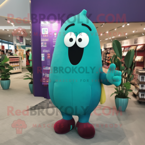 Turquoise Eggplant mascot costume character dressed with a Shorts and Brooches