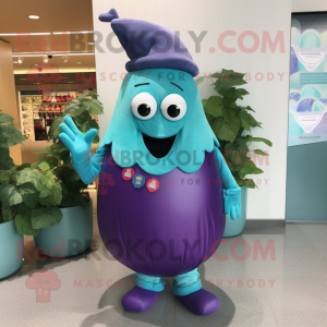 Turquoise Eggplant mascot costume character dressed with a Shorts and Brooches