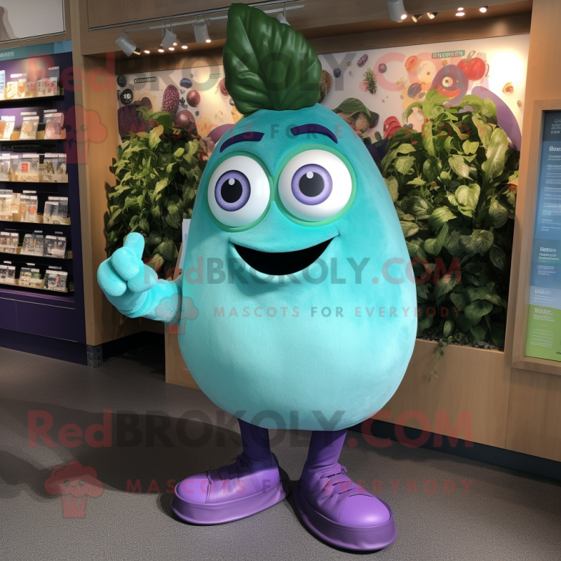 Turquoise Eggplant mascot costume character dressed with a Shorts and Brooches Turquoise Eggplant mascot costume character dressed with a Shorts and Brooches
