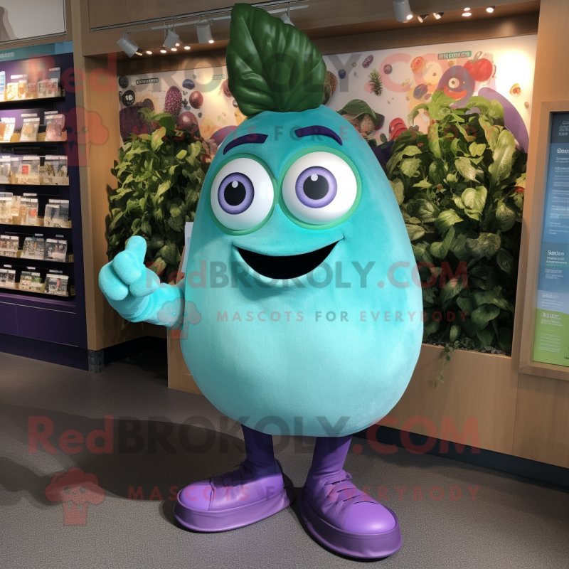 Turquoise Eggplant mascot costume character dressed with a Shorts and Brooches