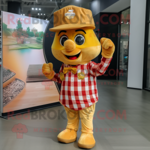 Gold Cherry mascot costume character dressed with a Flannel Shirt and Hat pins