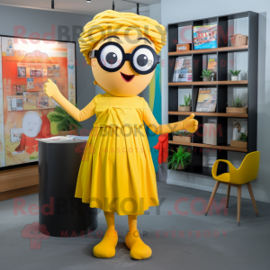 Yellow Pad Thai mascot costume character dressed with a Shift Dress and Reading glasses