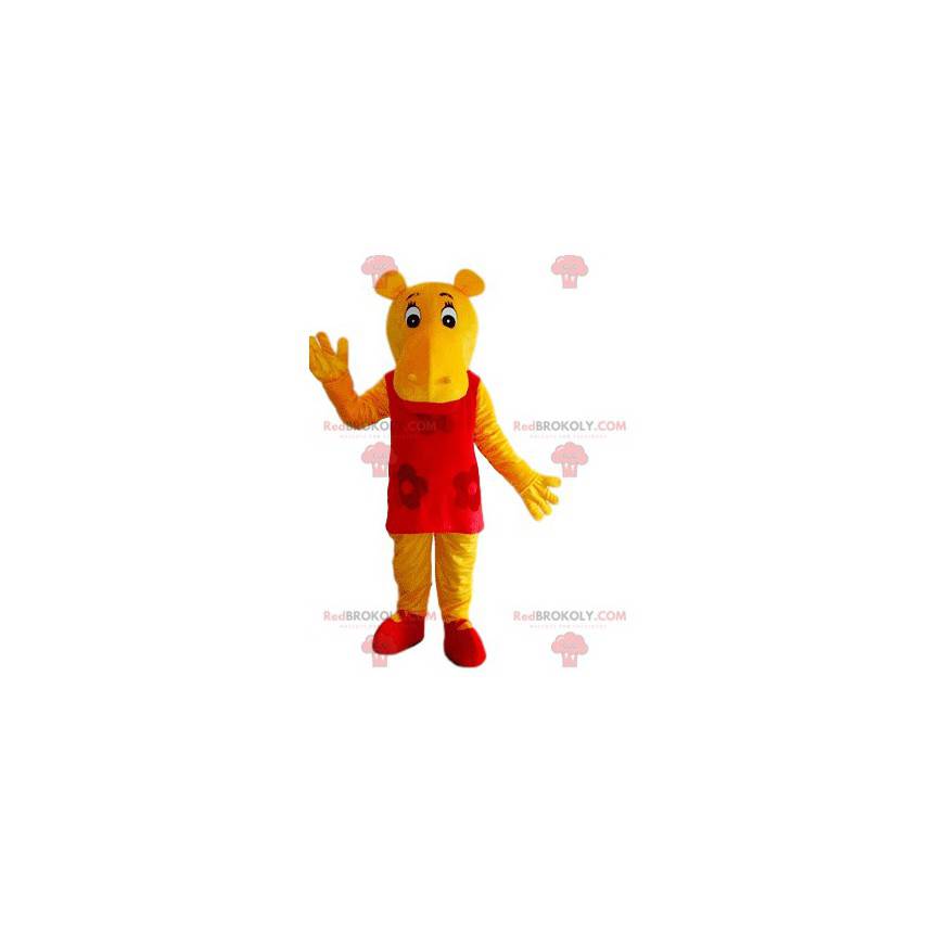 Mascotte d'hyppopotame jaune avec une robe rouge -