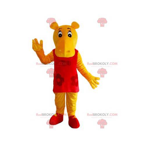 Mascotte d'hyppopotame jaune avec une robe rouge -