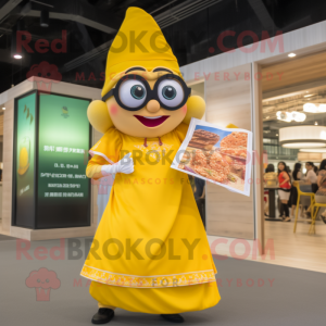 Yellow Pad Thai mascot costume character dressed with a Shift Dress and Reading glasses