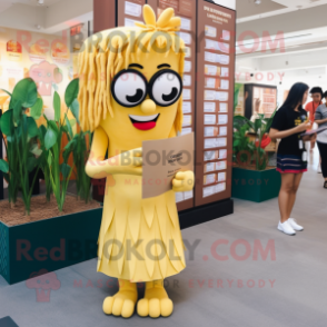 Yellow Pad Thai mascot costume character dressed with a Shift Dress and Reading glasses