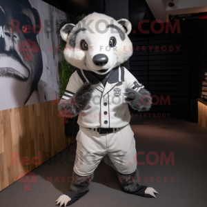 White Badger mascot costume character dressed with a Graphic Tee and Ties