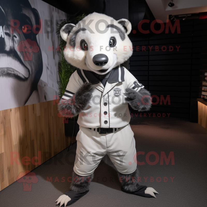 White Badger mascot costume character dressed with a Graphic Tee and Ties White Badger mascot costume character dressed with a Graphic Tee and Ties
