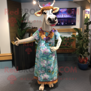 nan Guernsey Cow mascot costume character dressed with a Maxi Dress and Earrings