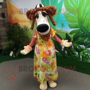 nan Guernsey Cow mascot costume character dressed with a Maxi Dress and Earrings