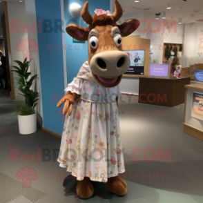 nan Guernsey Cow mascot costume character dressed with a Maxi Dress and Earrings