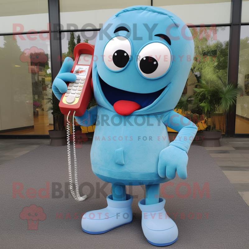 Sky Blue Phone mascot costume character dressed with a Jeans and Shoe laces