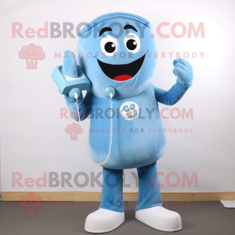 Sky Blue Phone mascot costume character dressed with a Jeans and Shoe laces