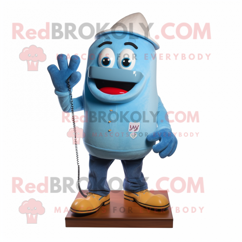 Sky Blue Phone mascot costume character dressed with a Jeans and Shoe laces Sky Blue Phone mascot costume character dressed with a Jeans and Shoe laces