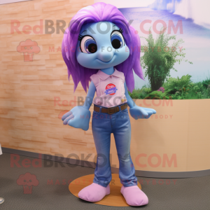 Lavender Betta Fish mascot costume character dressed with a Bootcut Jeans and Earrings