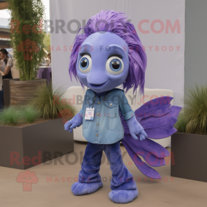 Lavender Betta Fish mascot costume character dressed with a Bootcut Jeans and Earrings