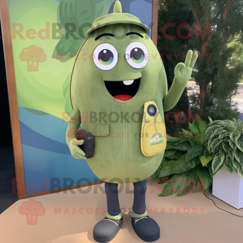 Olive Phone mascot costume character dressed with a Denim Shorts and Wallets Olive Phone mascot costume character dressed with a Denim Shorts and Wallets