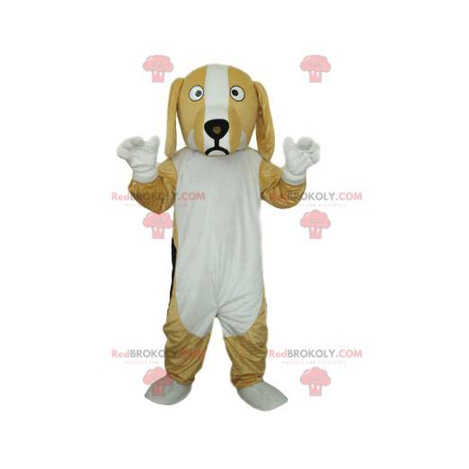 Mascote do cão bege e branco. Fantasia de cachorro -