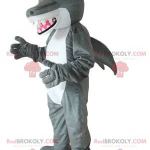 Mascotte de requin gris et blanc, avec de grandes dents -