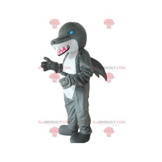 Mascotte de requin gris et blanc, avec de grandes dents -