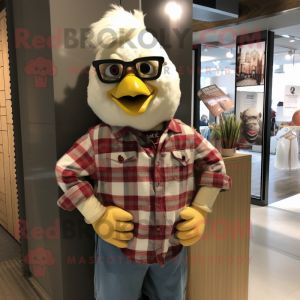 Cream Chicken mascot costume character dressed with a Flannel Shirt and Keychains