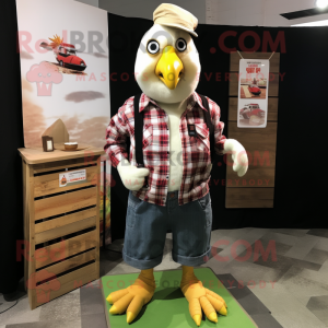 Cream Chicken mascot costume character dressed with a Flannel Shirt and Keychains