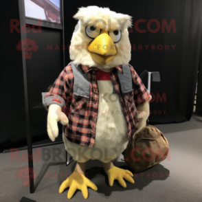 Cream Chicken mascot costume character dressed with a Flannel Shirt and Keychains