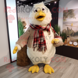 Cream Chicken mascot costume character dressed with a Flannel Shirt and Keychains