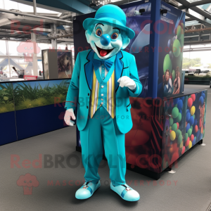 Turquoise Clown mascot costume character dressed with a Suit Jacket and Caps