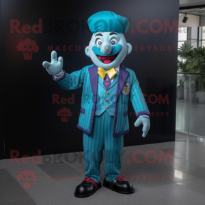 Turquoise Clown mascot costume character dressed with a Suit Jacket and Caps