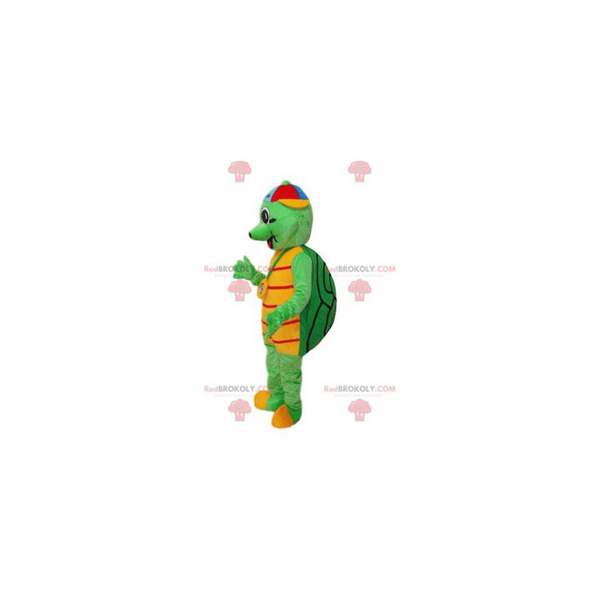 Mascote tartaruga verde com chapéu multicolorido -