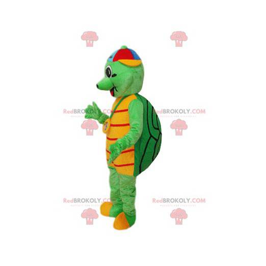 Grünes Schildkrötenmaskottchen mit einer mehrfarbigen Kappe -