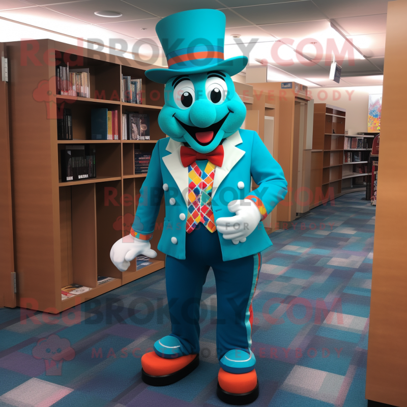 Turquoise Clown mascot costume character dressed with a Suit Jacket and Caps