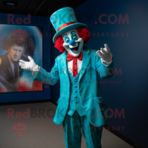 Turquoise Clown mascot costume character dressed with a Suit Jacket and Caps