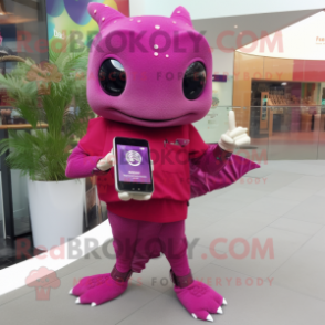 Magenta Stingray mascot costume character dressed with a Wrap Dress and Smartwatches