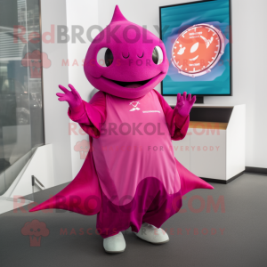 Magenta Stingray mascot costume character dressed with a Wrap Dress and Smartwatches