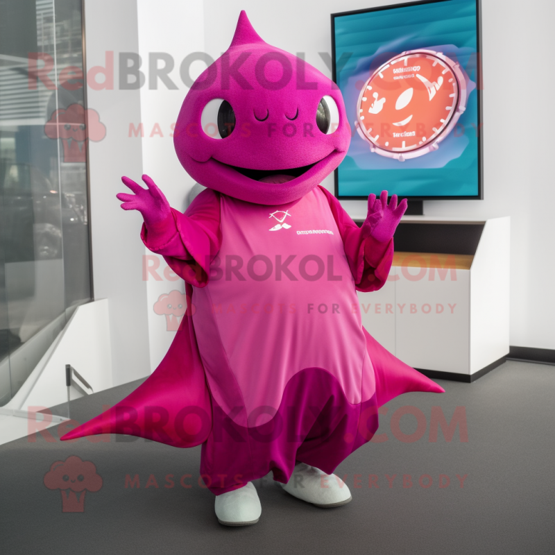 Magenta Stingray mascot costume character dressed with a Wrap Dress and Smartwatches Magenta Stingray mascot costume character dressed with a Wrap Dress and Smartwatches