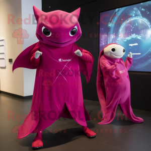 Magenta Stingray mascot costume character dressed with a Wrap Dress and Smartwatches