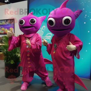Magenta Stingray mascot costume character dressed with a Wrap Dress and Smartwatches