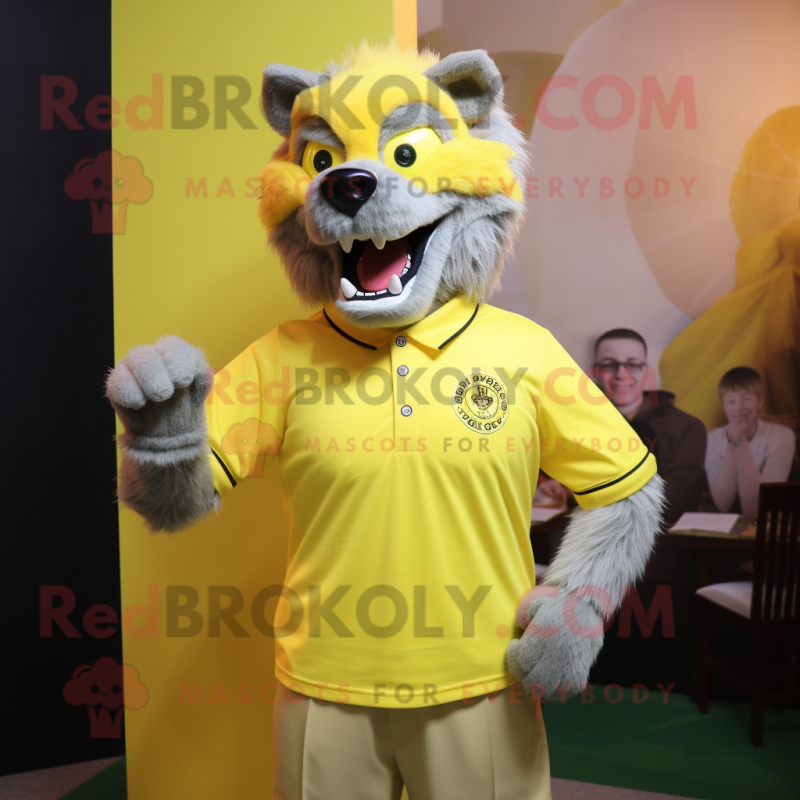 Lemon Yellow Werewolf mascot costume character dressed with a Polo Shirt and Lapel pins
