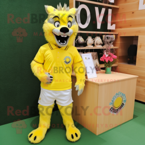 Lemon Yellow Werewolf mascot costume character dressed with a Polo Shirt and Lapel pins