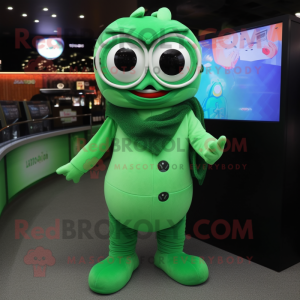 Green Cod mascot costume character dressed with a Bodysuit and Eyeglasses